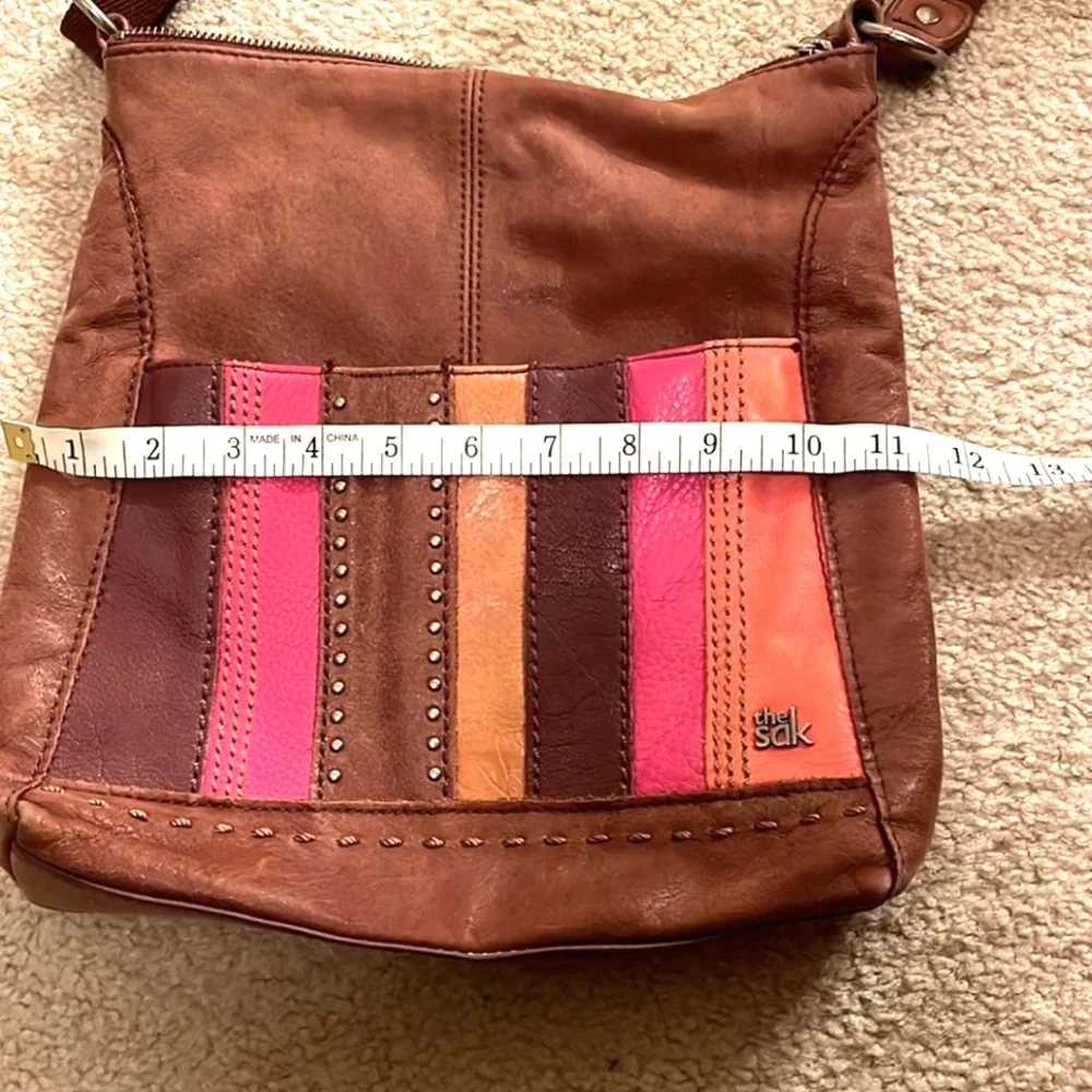 The Sak Brown Leather Crossbody with Pink, Orange, Burgundy & Tan Panels